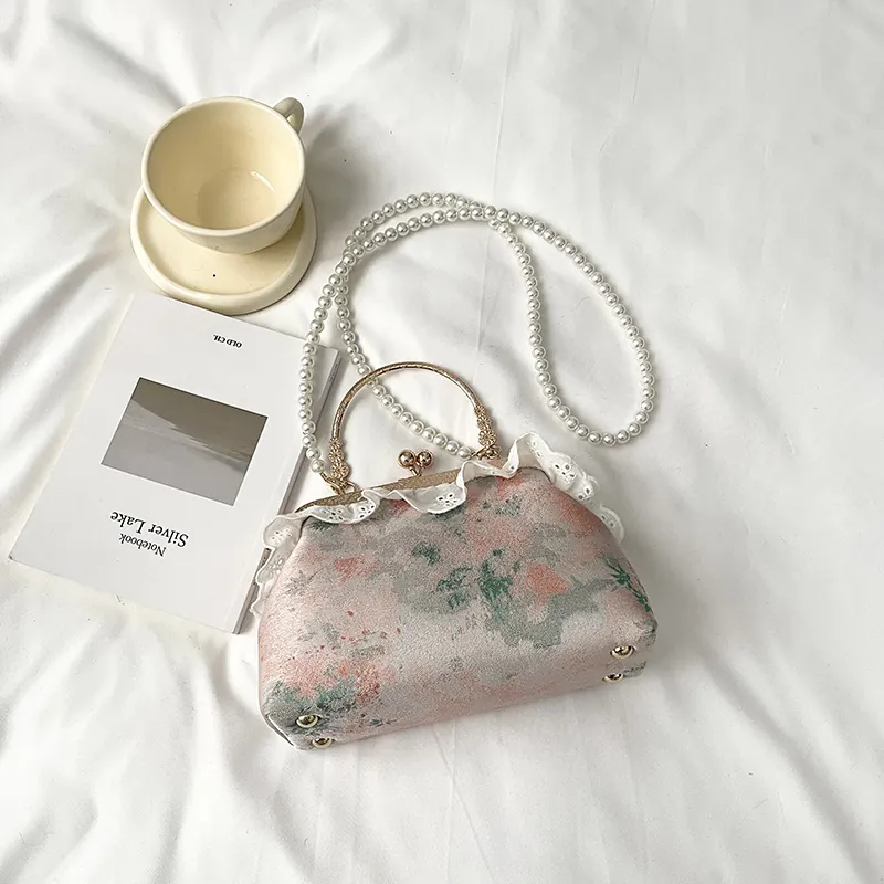 Bolso de Mano Vintage de Estilo Chino para Mujer Retro Floral Terciopelo Bandolera Con Cadena de Perlas Artificiales Encaje Cierre