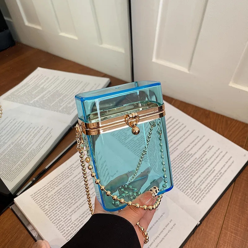 Women's Fashion Acrylic Transparent Box Bag Crossbody Evening Clutch With Beaded Handle Metal Chain Hard Shell Handbag