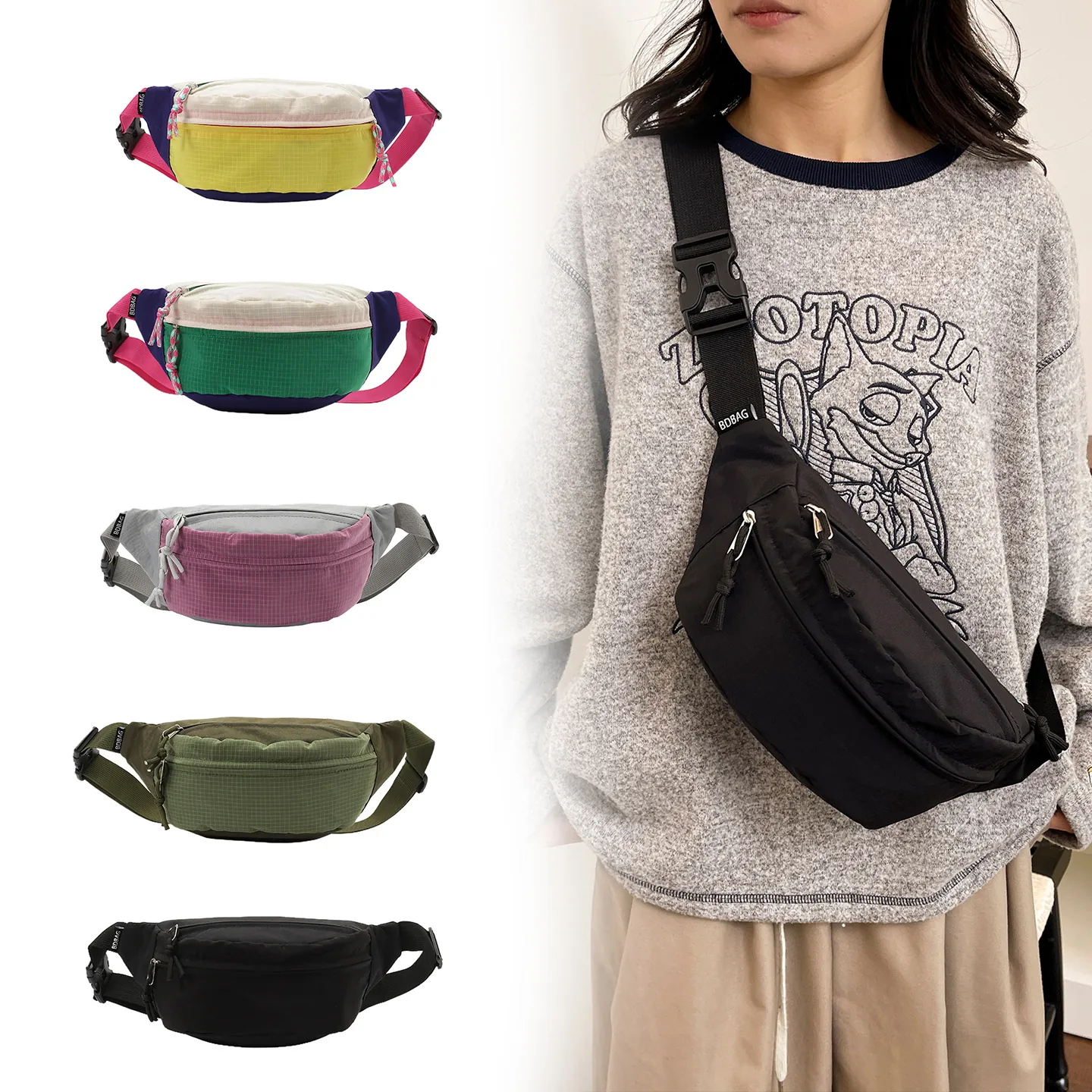 Korean Style Dopamine Color Block Women Chest Bag Lightweight Polyester Checkered Crossbody Bag Casual Shoulder Waist Pack