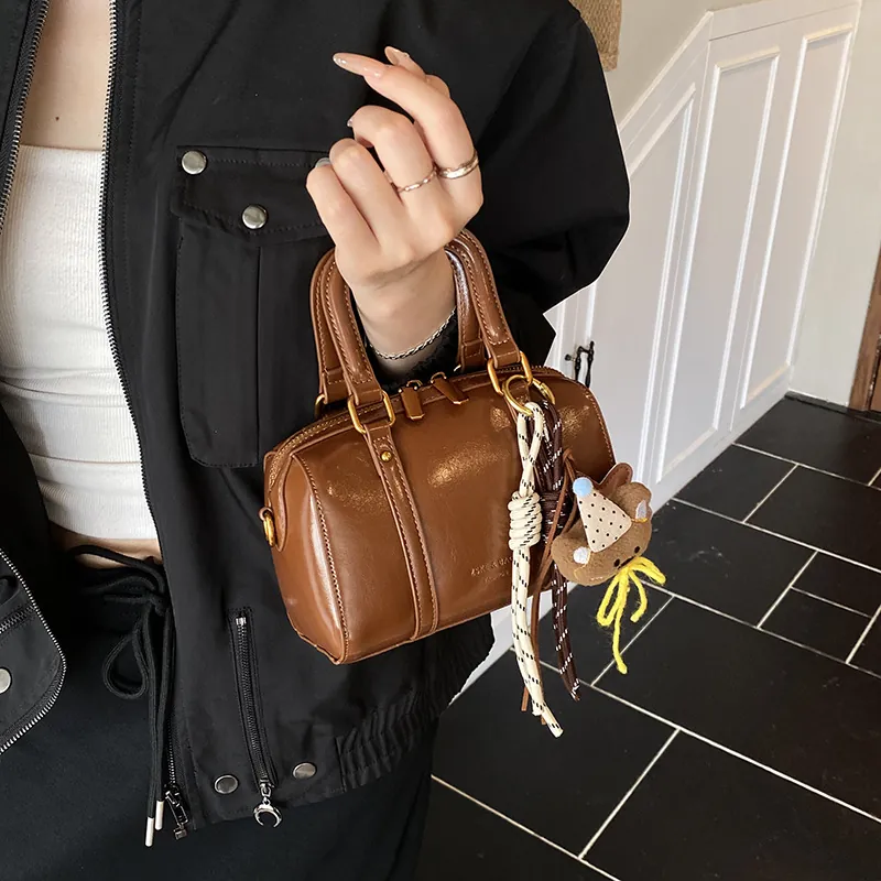 Vintage Women Mini Boston Bag Glossy PU Leather Top Handle Bag Solid Color Crossbody Shoulder Handbag With Bear Pendant