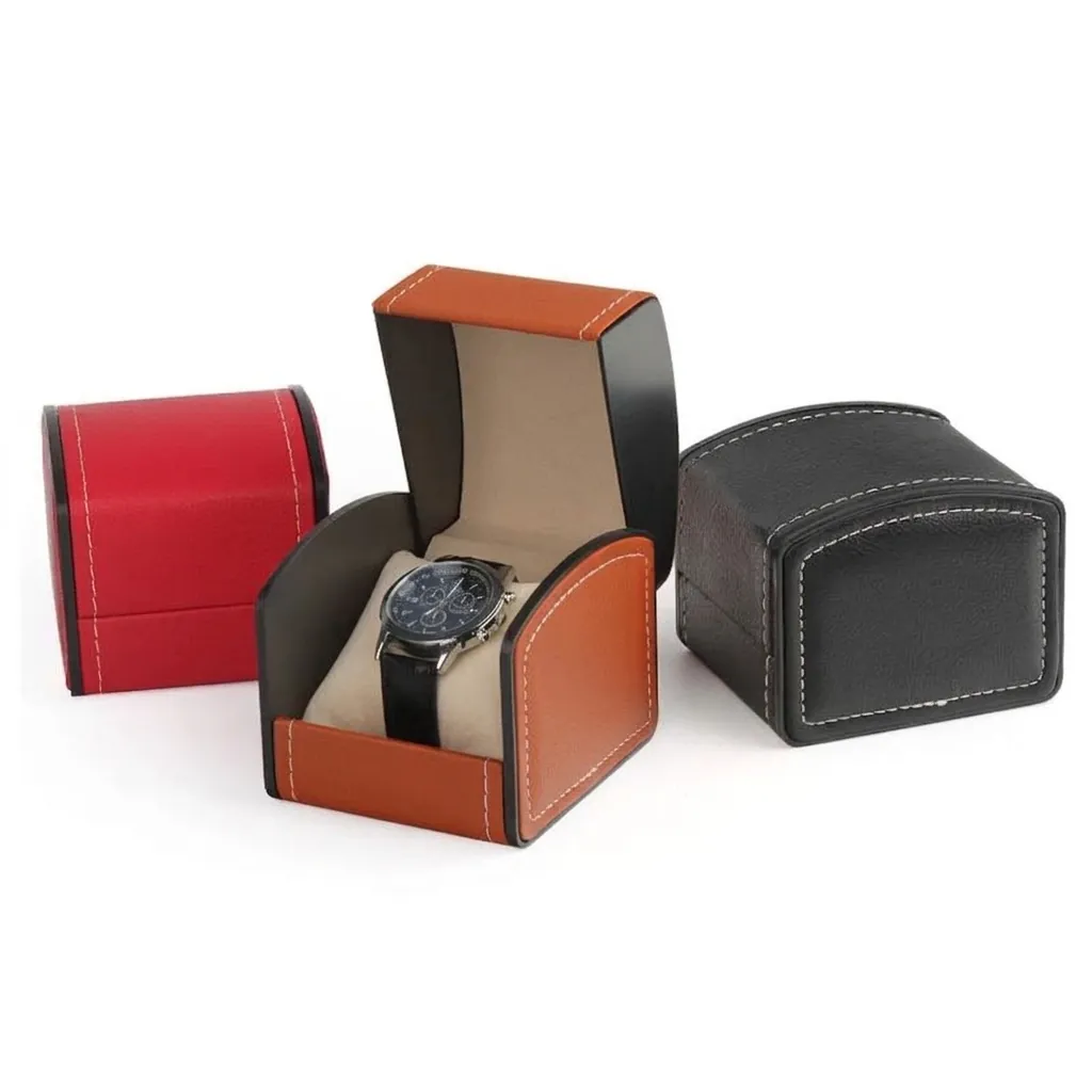 Europäische PU Leder Uhrenbox Einzelplatz Klappverschluss Schmuck Organizer Mit Weichem Kissen Gestepptes Detail Elegante Geschenkverpackung