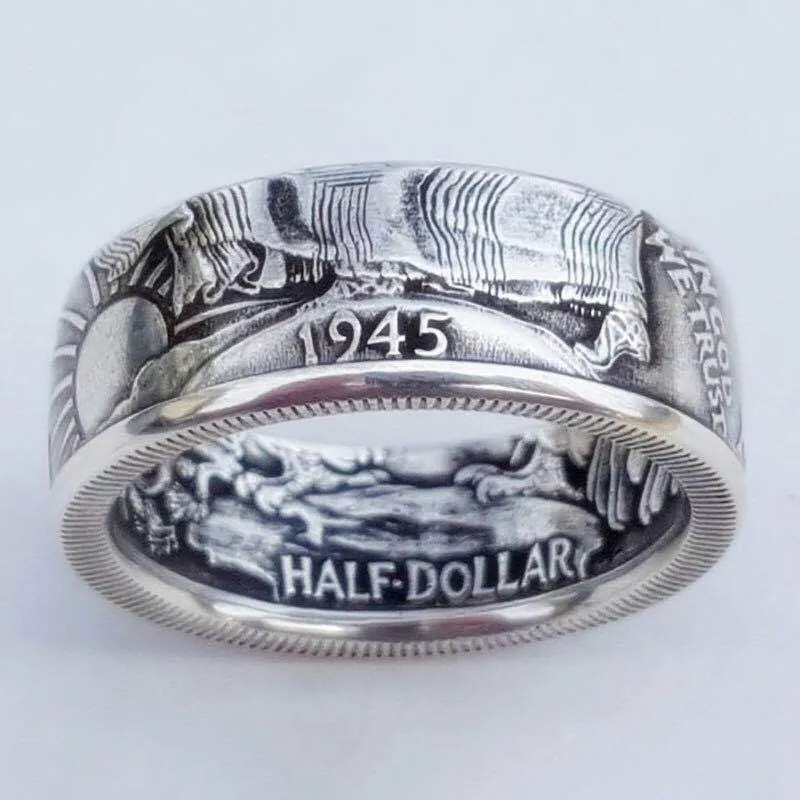 Vintage Antik Morgan Münze Ring Für Herren Damen 1945 Half Dollar Retro Distressed Legierung Fingerring Schmuck Geschenk