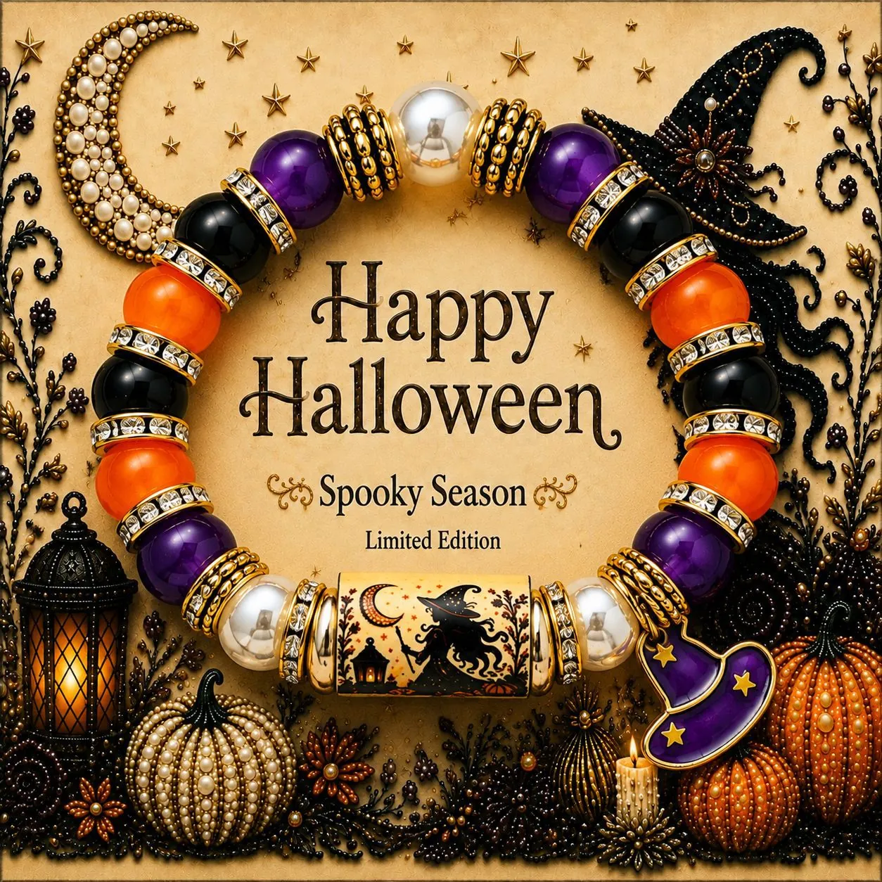 Pulsera de Cuentas de Halloween de Aleación de Vidrio Strass Fantasma Calabaza Gato Negro Bruja Charm Pulsera Elástica Regalo Fiesta