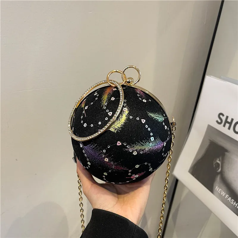 Damen Kugelförmige Abendtasche PU Leder Strass Ring Griff Feder Druck Lady Clutch Mit Kette Für Party Hochzeit