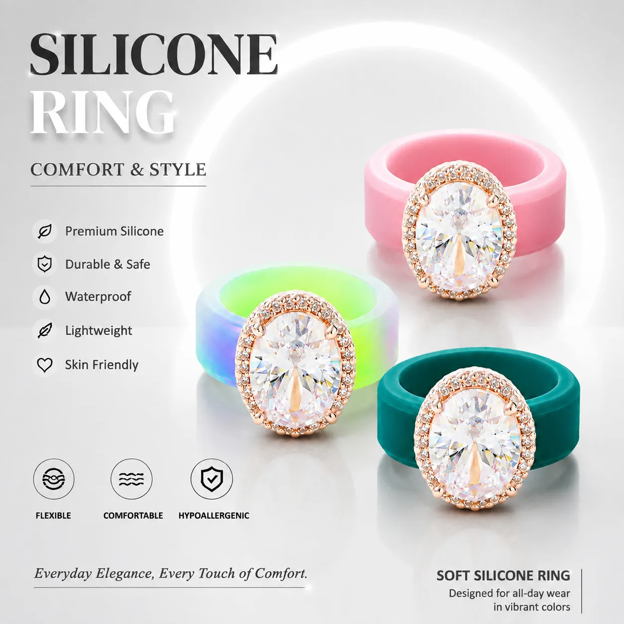 Eleganter Silikonring Für Damen Roségold Kupfer Eingelegter Großer Ovaler Zirkonia Wasserdicht Hypoallergen Leichter Luxus Mode Fingerring Schmuck Geschenk