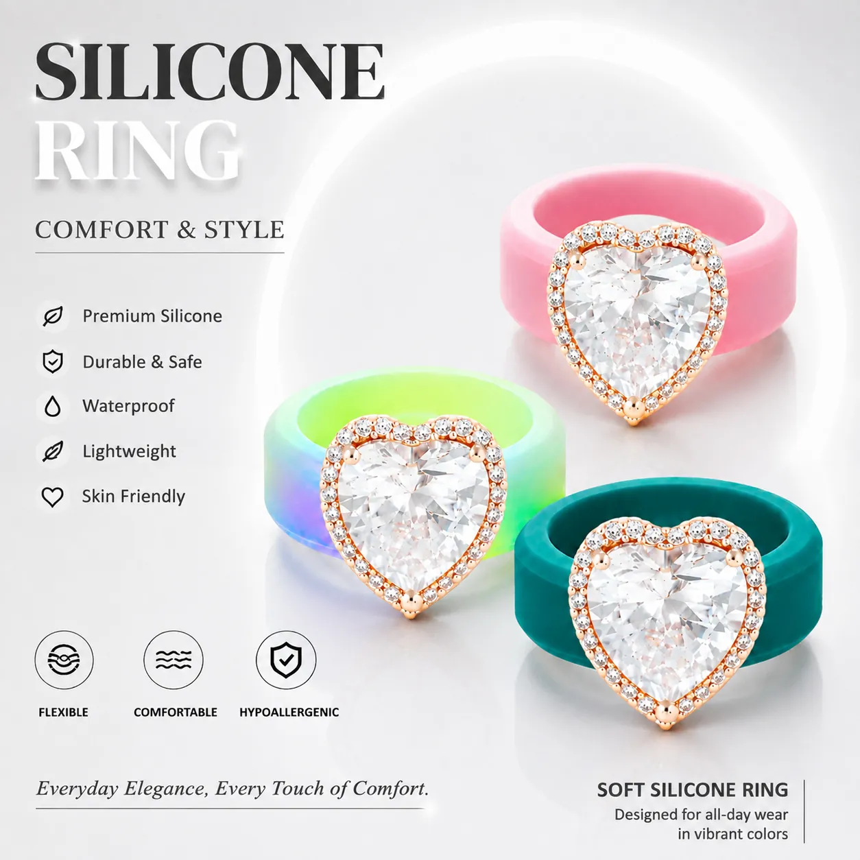 Anillo de Silicona de Lujo para Mujer Forma de Corazón Circonia Impermeable Cómodo Cobre Incrustado Joyería de Moda Regalo Diario