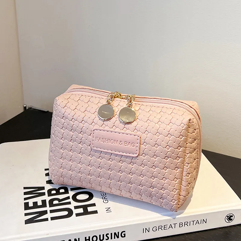 Women Woven Pattern Makeup Bag PU Leather Square Cosmetic Pouch Minimalist Fashion Handheld Zipper Toiletry Organizer Handbag