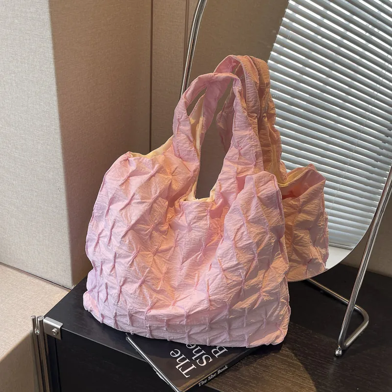 Korean Style Pleated Grid Tote Bag For Women Large Capacity Nylon Shoulder Bag Casual Commuter Foldable Handbag Shopping Bag