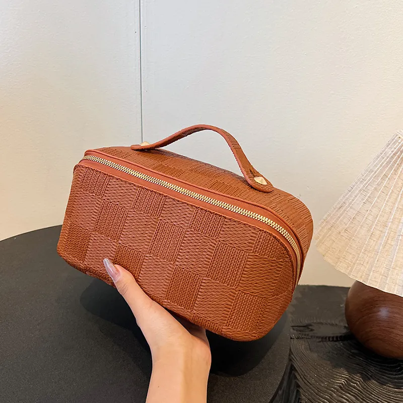 Women Woven Pattern Square Handheld Makeup Bag Waterproof PU Leather Portable Solid Color Grid Travel Cosmetic Storage Pouch