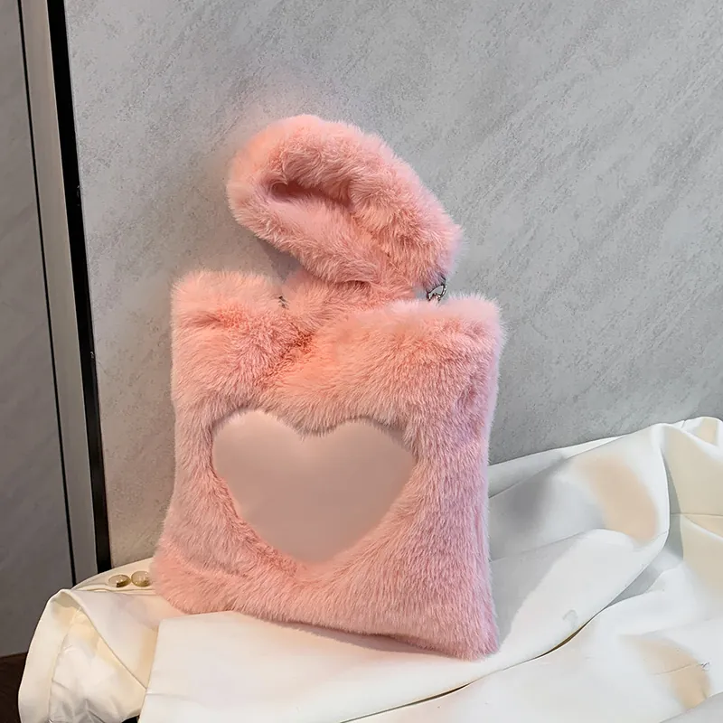 Borsa Tote in Peluche a Cuore da Donna Nuova Grande Capacità Semplice Borsa a Tracolla Sottobraccio in Pelliccia Sintetica alla Moda