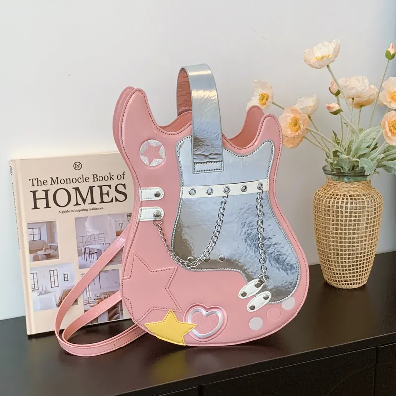 Novelty Guitar Shaped PU Leather Backpack For Women Fashion Color Block Crossbody Bag With Metal Chain Stars Heart Decor