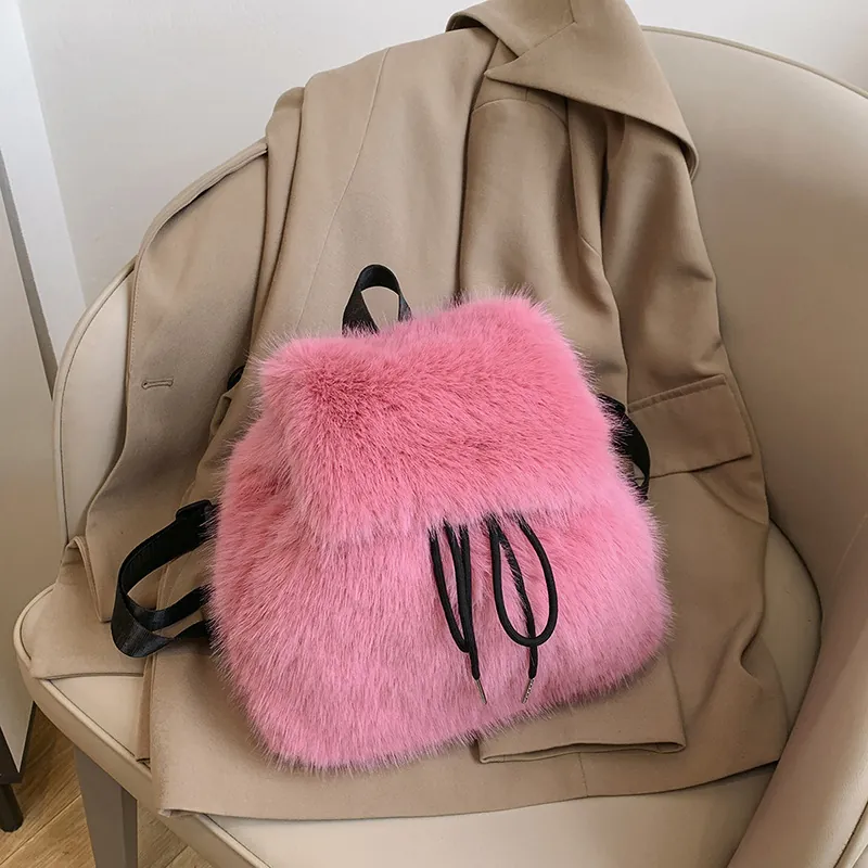 Women Korean Fashion Solid Color Plush Drawstring Bucket Backpack Cute Faux Fur Handbag Casual Travel School Bag