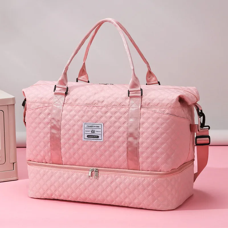 Quilted Diamond Large Capacity Travel Bag With Independent Shoe Compartment Dry Wet Separation Duffel Bag For Gym Yoga Trip