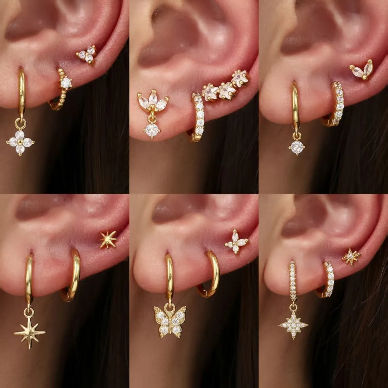 Fashion Women Copper Rhinestone Earring Set Butterfly Star Leaf Heart Hoop Stud Earrings Electroplated Jewelry Gift