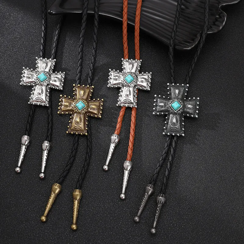 Vintage Punk Cowboy Bolo-Krawatte Legierung Kreuz Anhänger Künstlicher Türkis Geflochtene Lederschnur Halskette Für Damen Herren