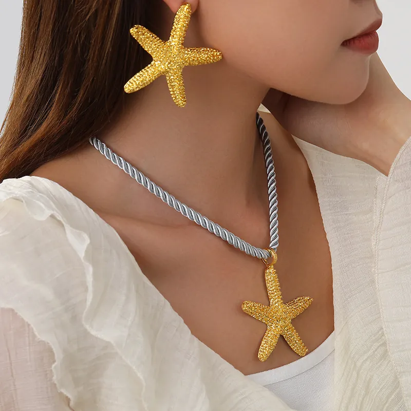 Oversized Gold Silver Starfish Pendant Necklace Alloy Textured Sea Star Stud Earrings For Beach Party Women Jewelry Set