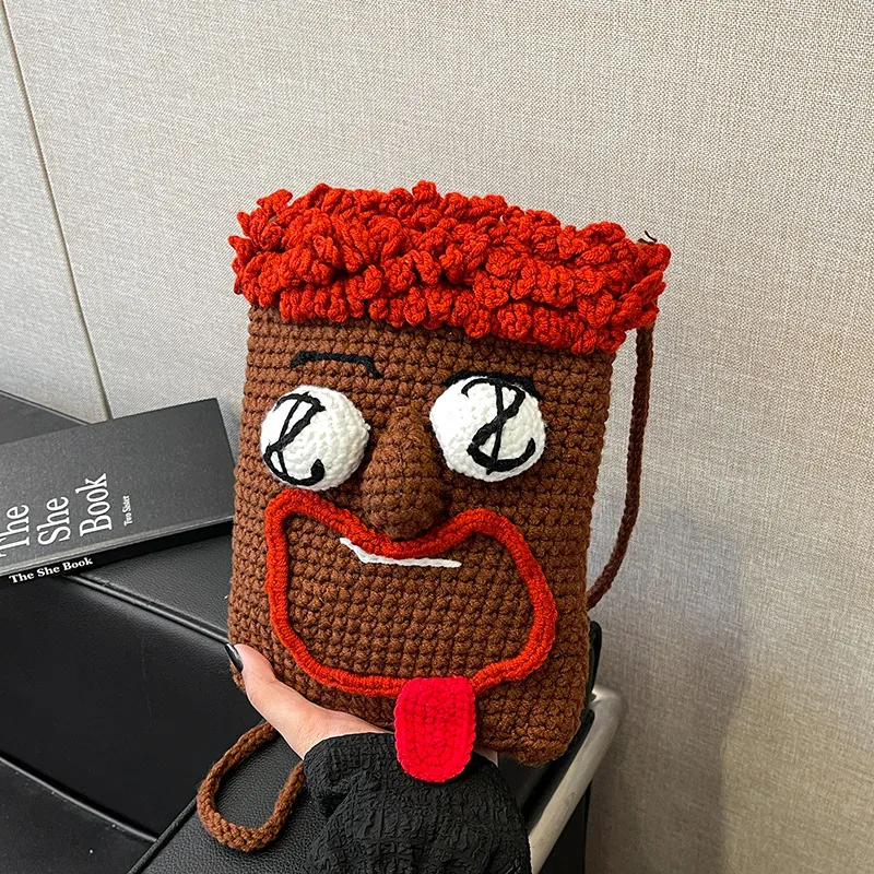 Lustige Handgestrickte Monster Cartoon Gesicht Umhängetasche Für Damen Einzigartige Häkel Kleine Schultertasche Trendy Mini Handtasche