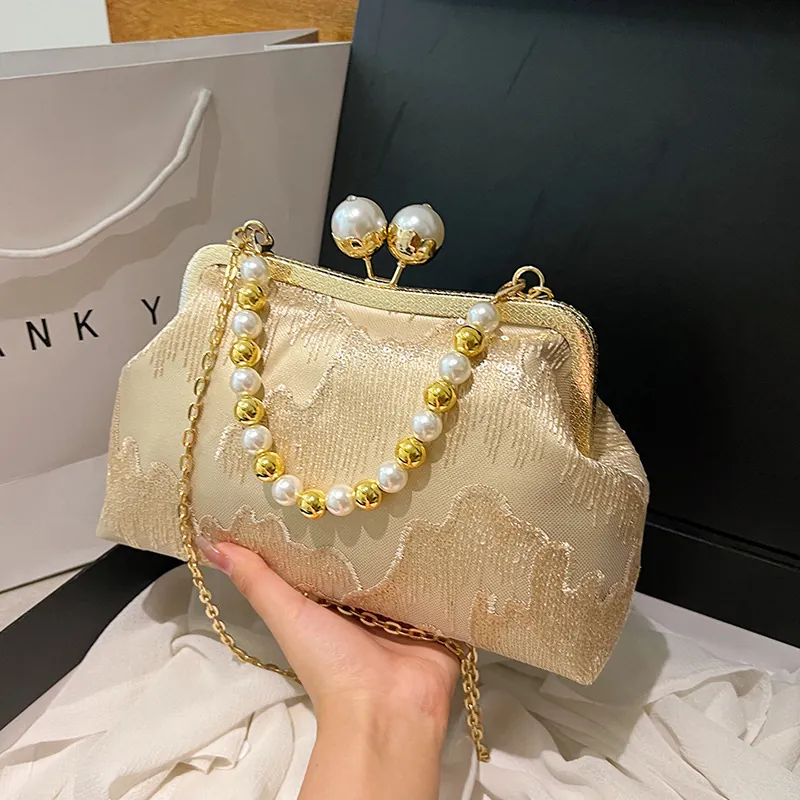 New Chinese Style Women Handbag Retro Canvas Sequin Embroidery Pearl Handle Evening Bag With Chain Shoulder Strap Frame Bag