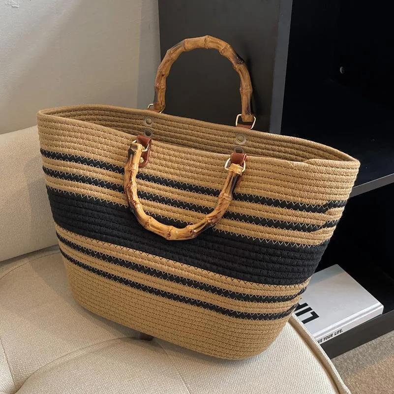 Bolso Tote de Paja Tejida para Mujer con Asa de Bambú Vintage Rayas Splicing Bolso de Mano de Gran Capacidad Playa