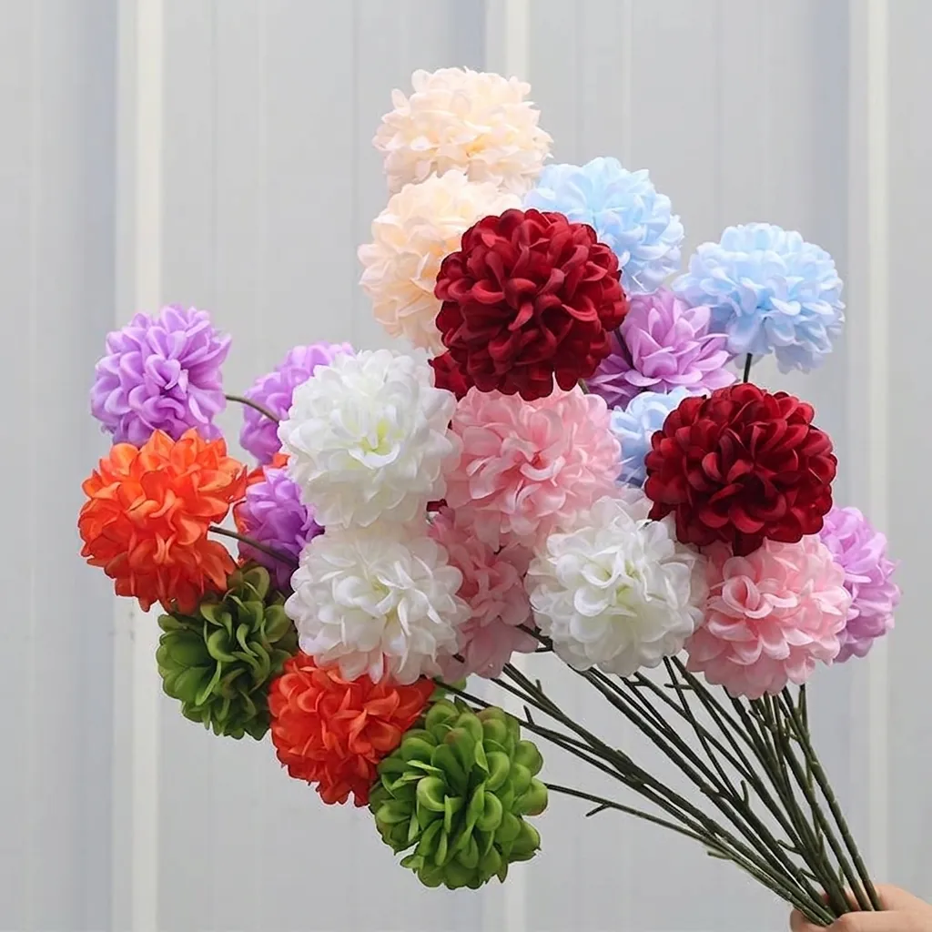 3-Köpfig Künstliche Seide Chrysanthemen Ball Blume Stiel 65cm Falsche Pompon Dahlie Für Hochzeit Party Haus Tisch Deko Arrangement