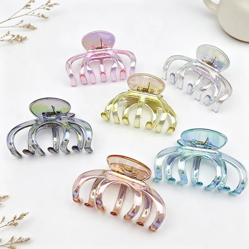 Grande Pince Crabe Forme de Citrouille Iridescente Électroplaquée Couleur AB Transparente Pince Requin Accessoire Cheveux Queue de Cheval Femme