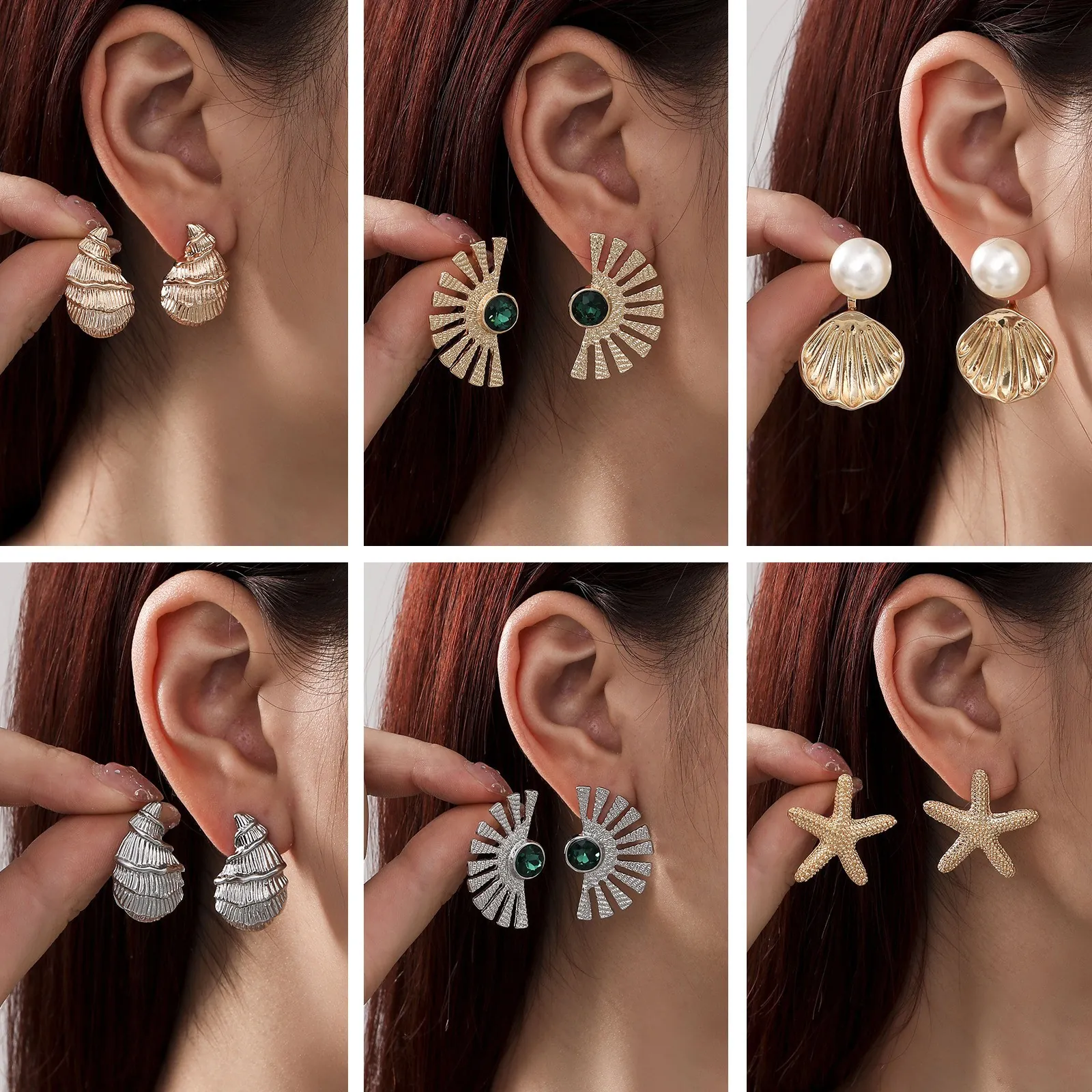 Summer Ocean Theme Starfish Conch Shell Stud Earrings Women Alloy Artificial Pearl Rhinestone Beach Jewelry Accessory