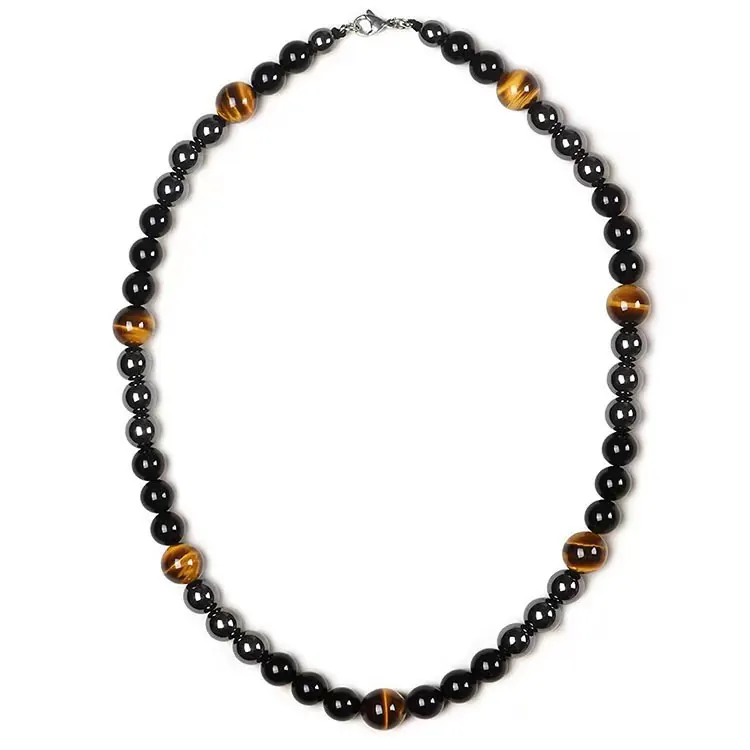 Herren Retro Dreifacher Schutz Halskette Tigerauge Hämatit Obsidian Naturstein Perlen Halskette Für Heilenergie Schmuck