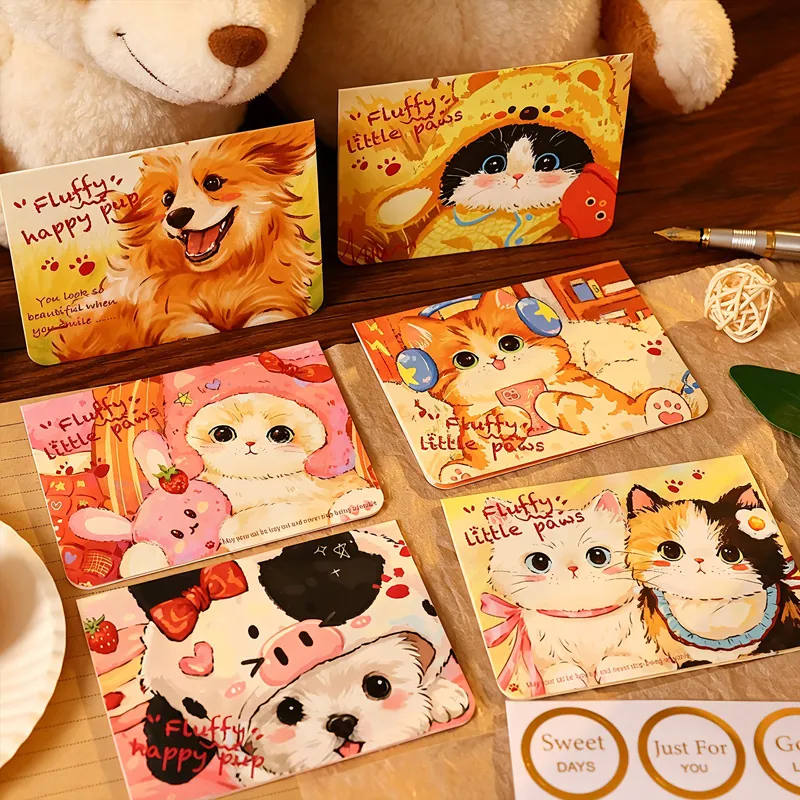Juego de Tarjetas de Felicitación de Flores y Animales de Dibujos Animados Cartulina Invitación Con Sobre Pegatina Para Regalo