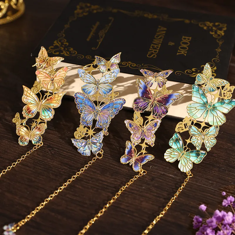 Vintage Metal Butterfly Bookmark Aesthetic Hollow Enamel Book Marker With Chain Pendant For Student Reader Gift Office Supplies
