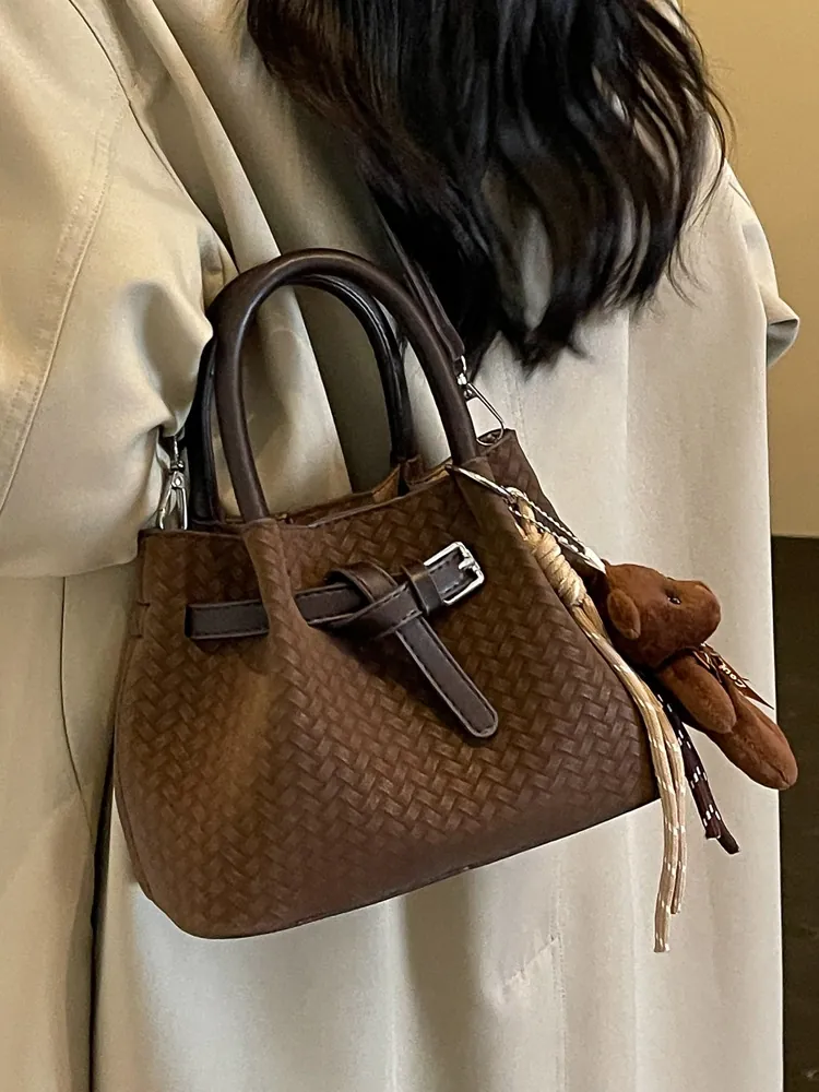 Vintage Urban Webmuster PU Leder Eimertasche Für Damen Schicke Nähte Magnetverschluss Umhängetasche Handtasche Alltag Lässige Tasche