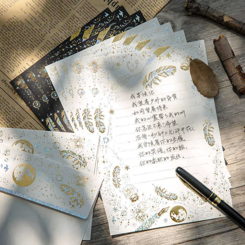 Serie Cielo Stellato Stampa a Caldo Oro Argento Set di Carta da Lettera e Buste Cancelleria Retro Artistica per Lettere d'Amore