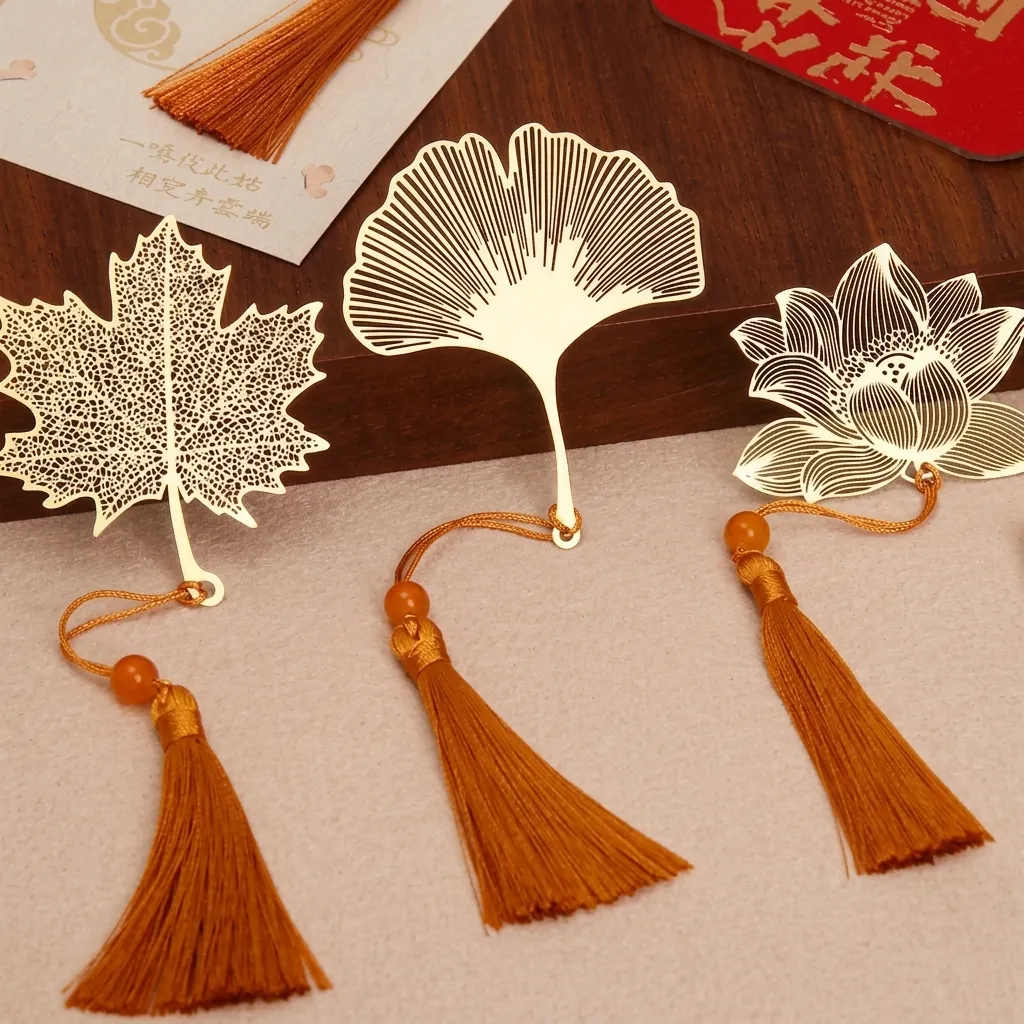 Elegante Segnalibro in Metallo Intagliato Vintage Foglia di Ginkgo Acero Loto Segnalibro con Nappe Regalo per Studenti Forniture Ufficio