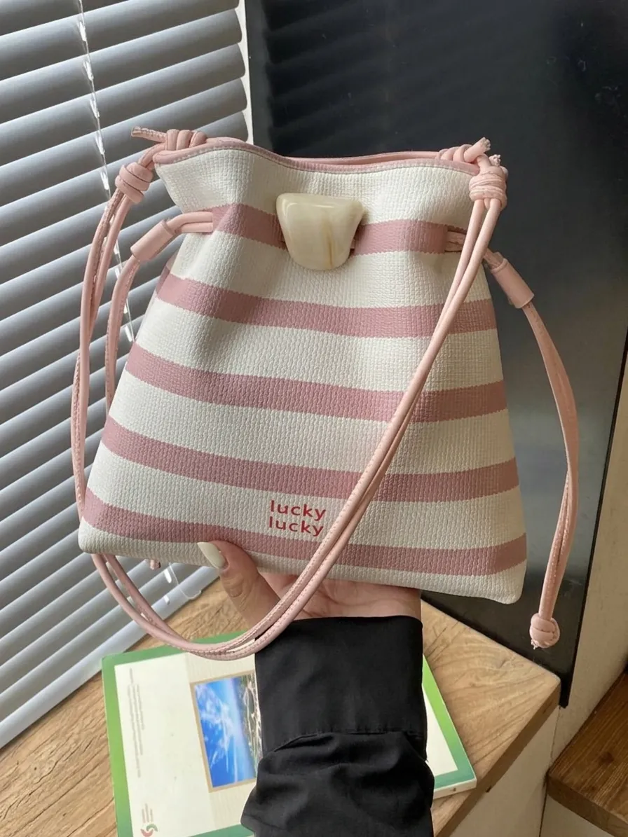 Damen Mode Kontrast Gestreifte PU Leder Eimertasche lucky lucky Druck Kordelzug Umhängetasche Mit Bernstein Schnalle