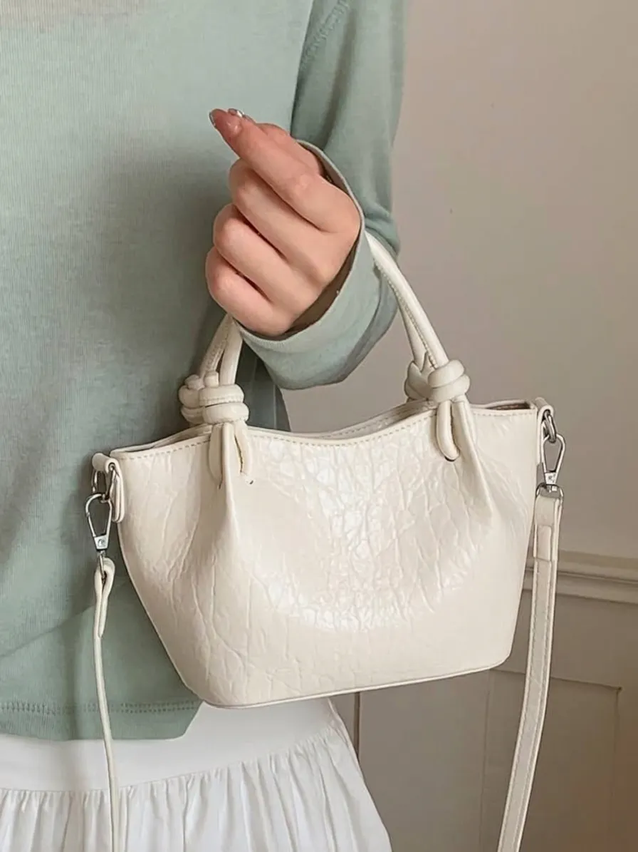 Elegante Plissierte PU Leder Eimertasche Für Damen Umhängetasche Mit Perlenbogen Tulpenanhänger Mode Pendeltasche Handtasche