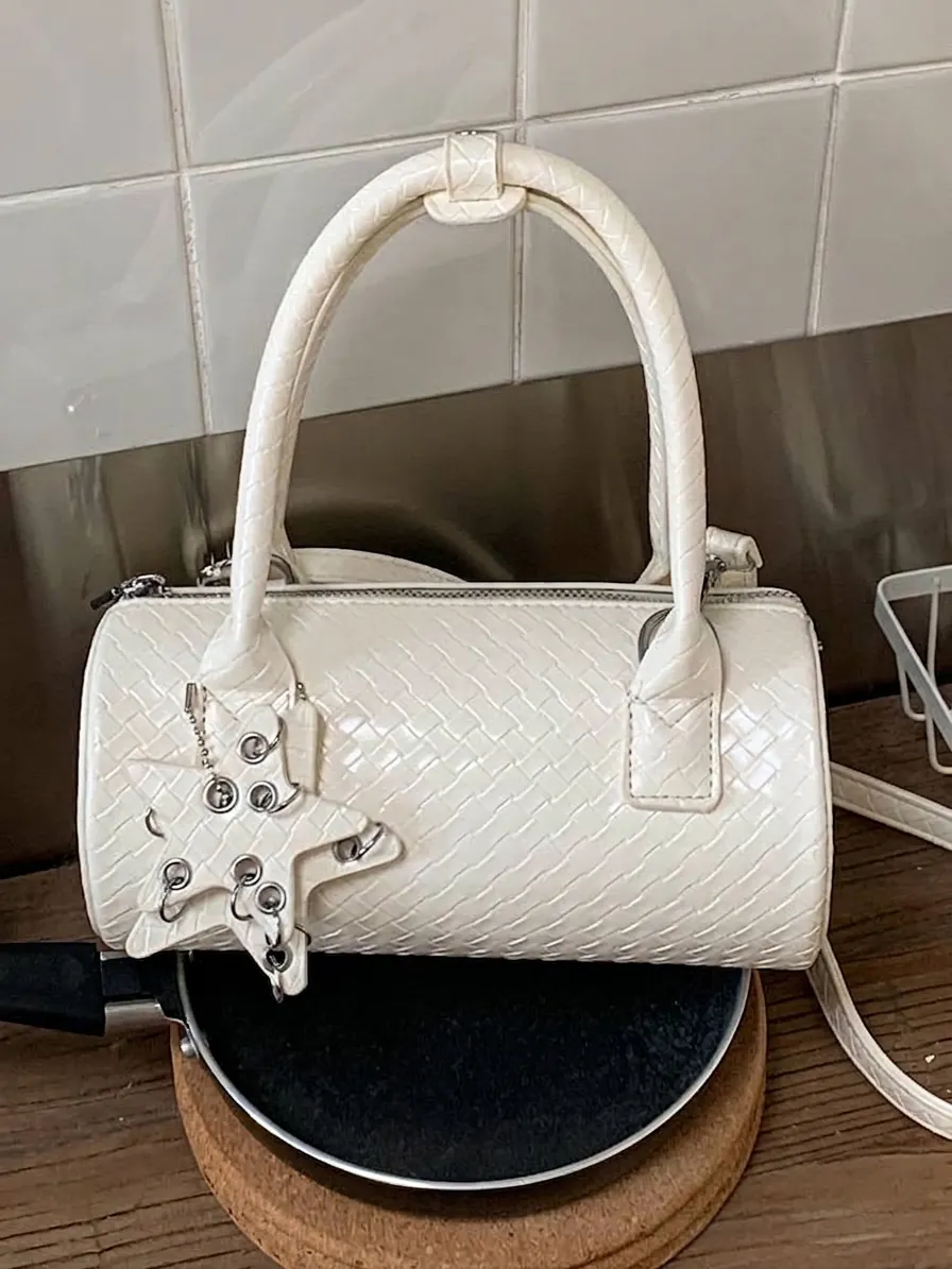 Women Woven PU Leather Pillow Bag Niche Design Fashion Versatile Barrel Crossbody Bag Small Handbag With Star Charm