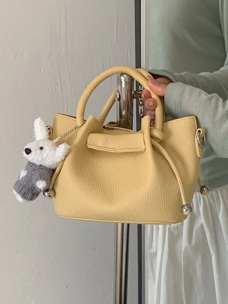 Elegant PU Pebbled Leather Bucket Bag Pleated Solid Color Handbag Shoulder Crossbody Bag For Commuting Women