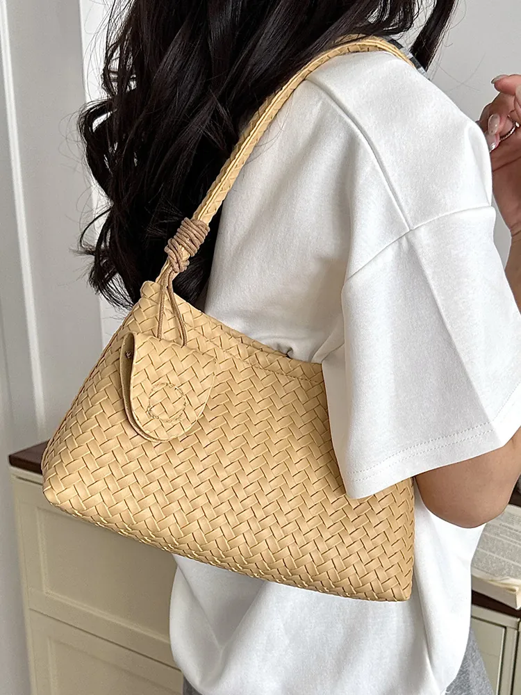 Women Woven PU Leather Underarm Bag Minimalist Shoulder Bag Fashion Hobo Purse For Summer Daily Commute Vintage Square Handbag