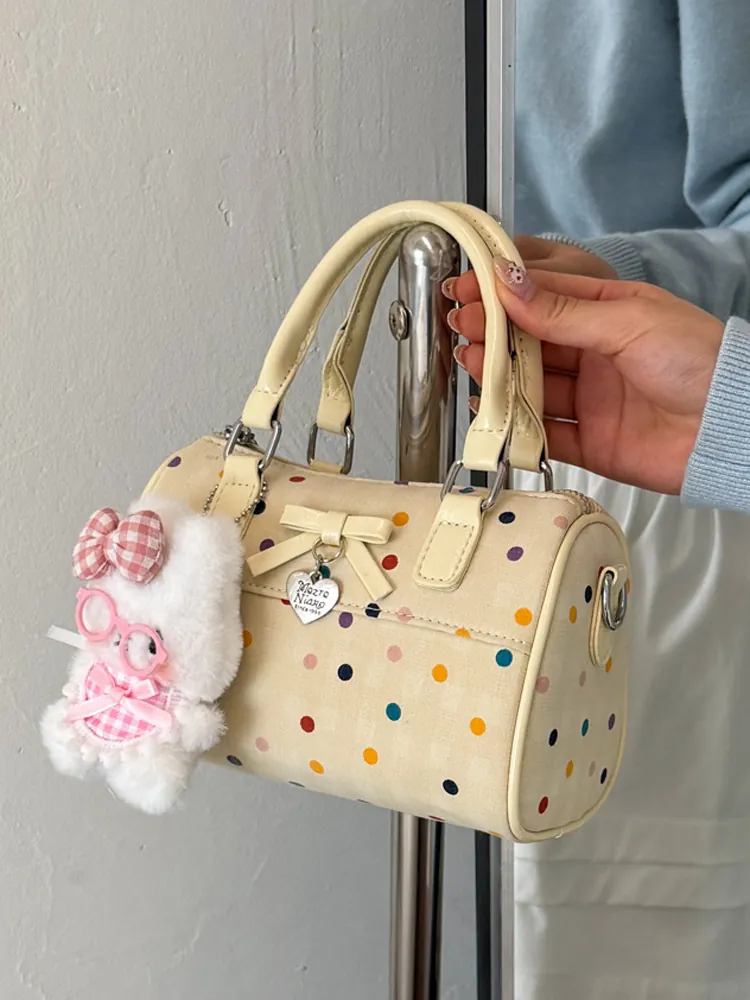 Bolso Boston de Lunares Dulce para Mujer Mini Bolso Bandolera de PU Con Lazo y Colgante de Conejo Bolso Almohada de Moda