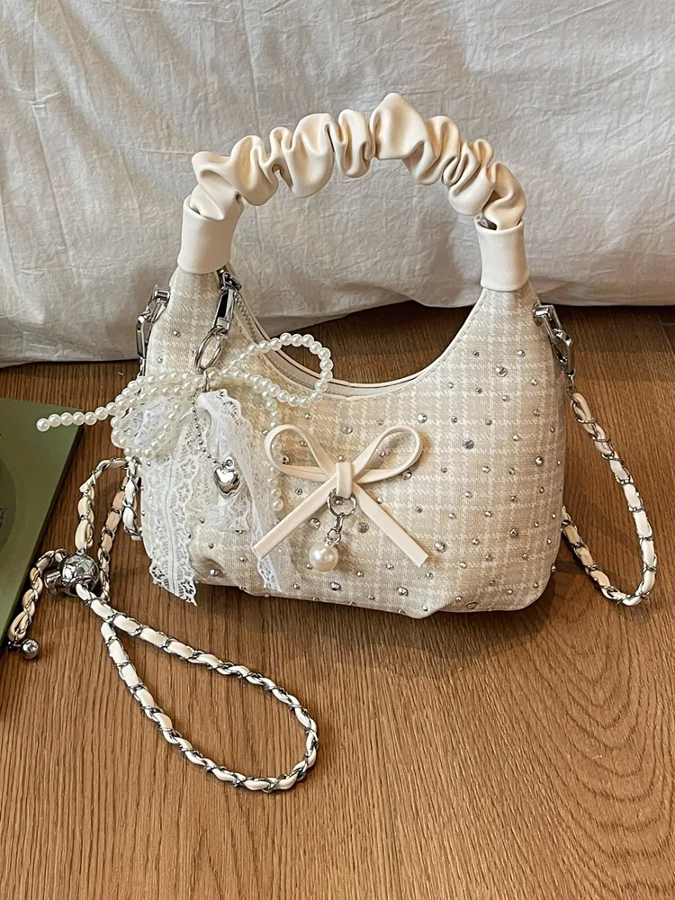 Sac Bandoulière Lune en Toile Plissée Vintage pour Femmes Élégant Sac à Main Nœud en Perle Sac Épaule avec Chaîne
