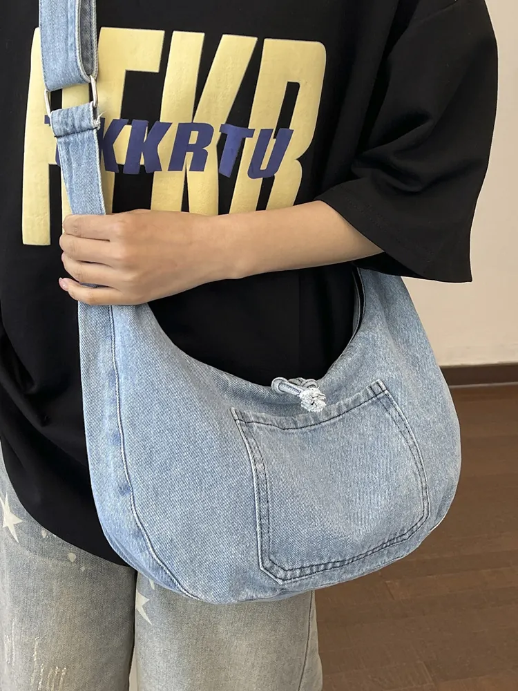 Women Large Capacity Denim Hobo Bag Casual Solid Color Washed Denim Shoulder Bag For University School Crossbody Bag