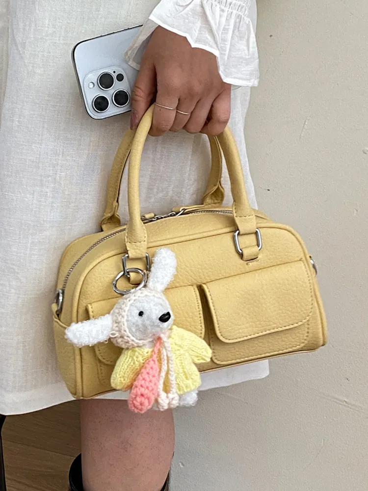 Women Boston Handbag Elegant PU Leather Lychee Pattern Crossbody Bag Small Square Shoulder Bag With Optional Bunny Pendant