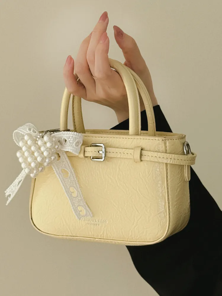 Silver Pleated Women Bucket Bag Elegant Pearl Heart Lace Bow Handbag PU Leather Small Crossbody Bag Summer Daily Commute Shoulder Bag