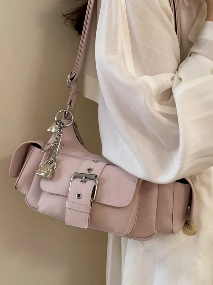 Women Fashion PU Leather Pillow Bag Underarm Shoulder Crossbody Bag Cargo Style Multi Pocket Bag with Metal Lock
