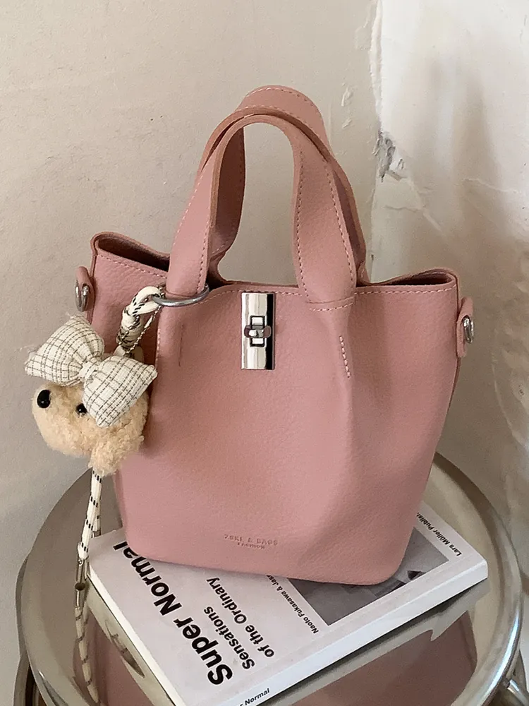 Dames PU Leer Emmer Tas Lychee Patroon Draagbare Handtas Schoudertas Met Slot Sluiting Voor Dagelijks Woon Werkverkeer