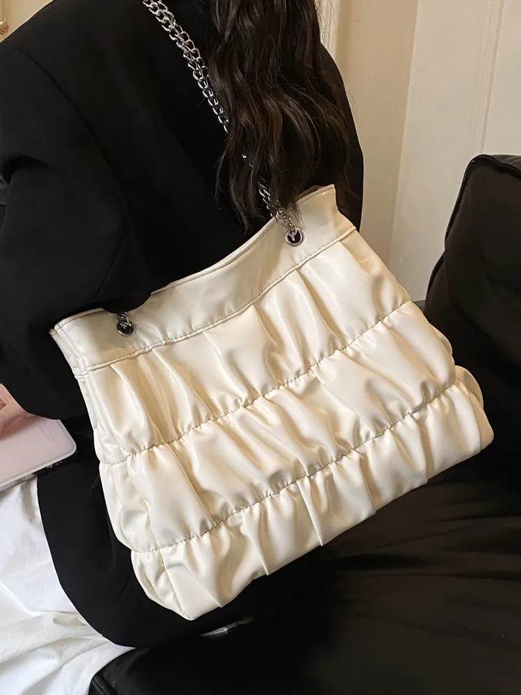 Women Large Capacity Pleated PU Leather Tote Bag Fashion Silver Chain Shoulder Bag For Commute School Daily Use Shopper