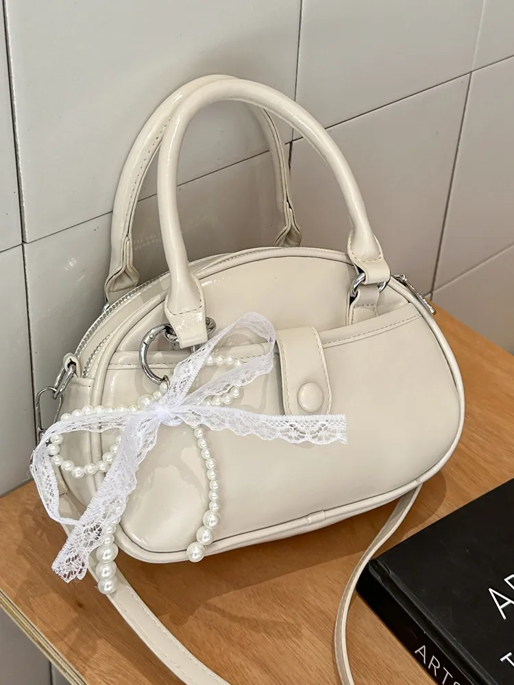 Women PU Leather Small Square Handbag Lady Style Fashion Crossbody Bag With Lace Bow Artificial Pearl Pendant Versatile Purse