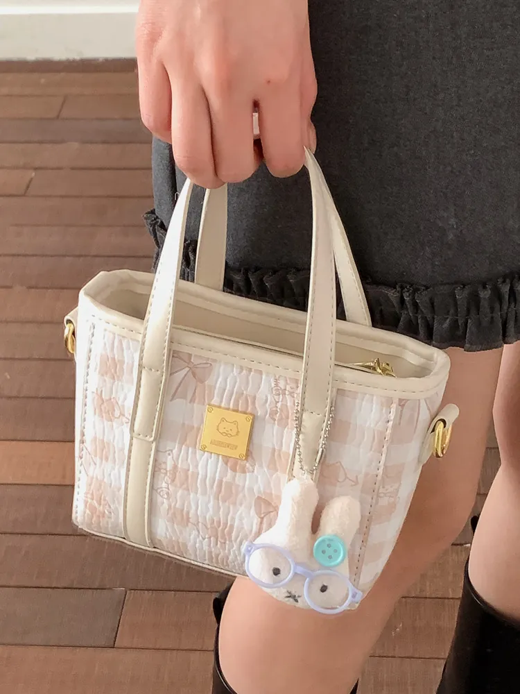 2026 Fashion Plaid Women Bucket Bag Cat Print Handbag Versatile Crossbody PU Leather Large Small Tote With Rabbit Charm