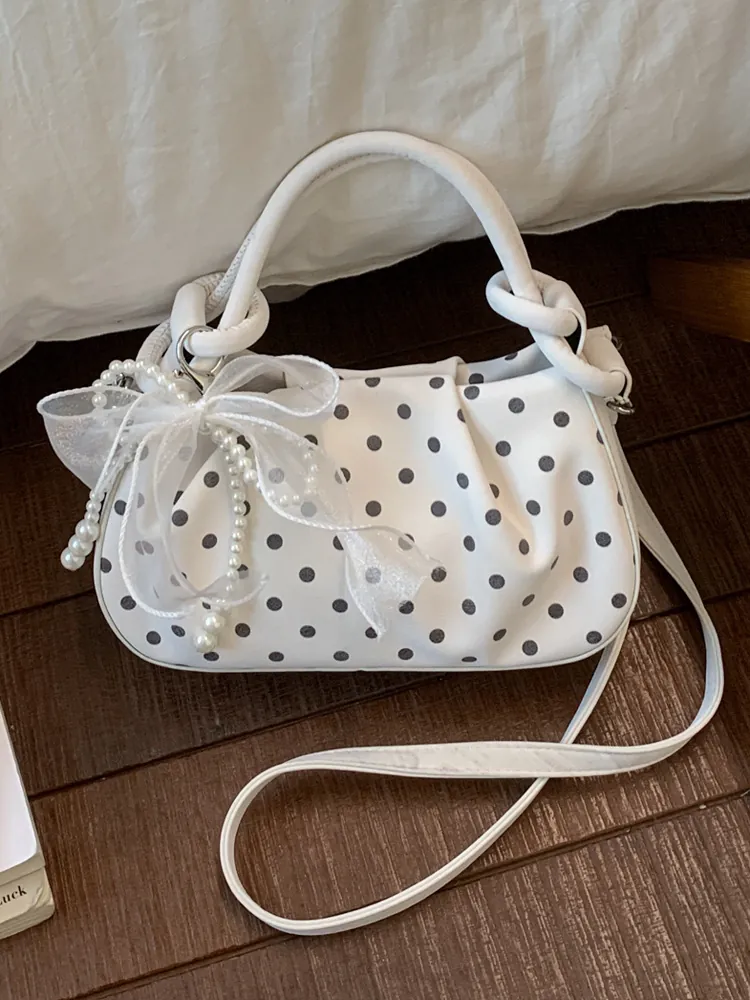 Women Polka Dot Dumpling Bag PU Leather Mesh Bow Artificial Pearl Decor Handbag 2026 Spring Fashion Crossbody Shoulder Bag