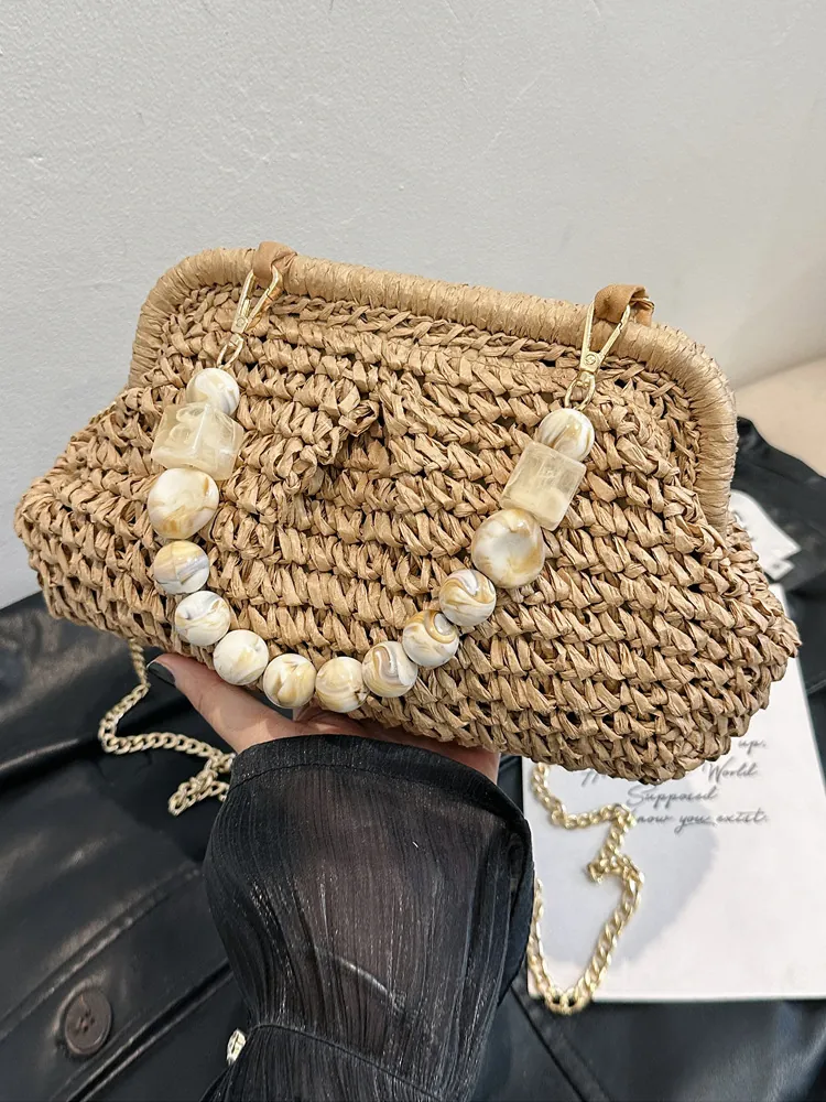 Vintage Straw Woven Shell Crossbody Bag For Women French Style Pleated Clutch With Pearl Marble Bead Handle Chain Strap Beach Vacation