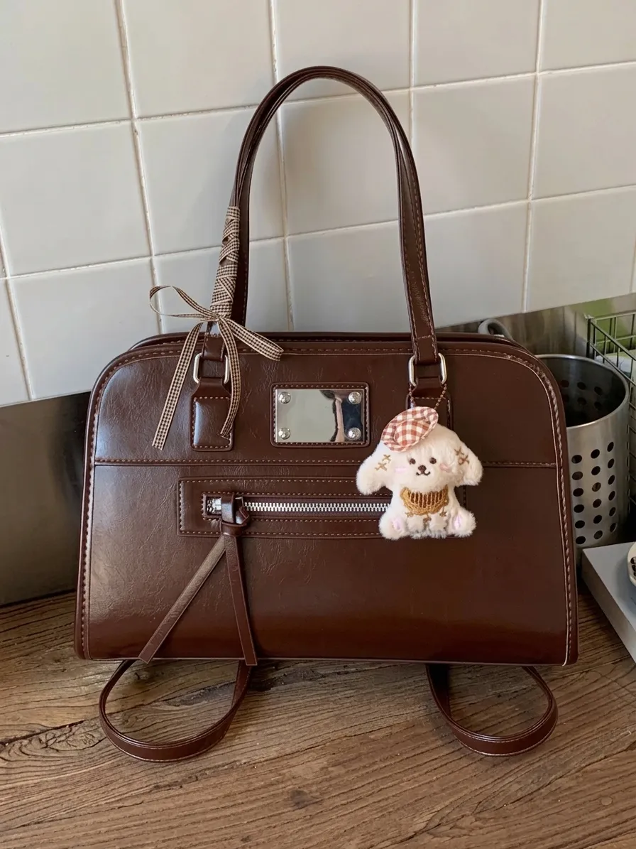 Vintage Women Backpack Fashion PU Leather Tote Bag Large Capacity School Bookbag With Pendant Commuter Shoulder Bag Handbag